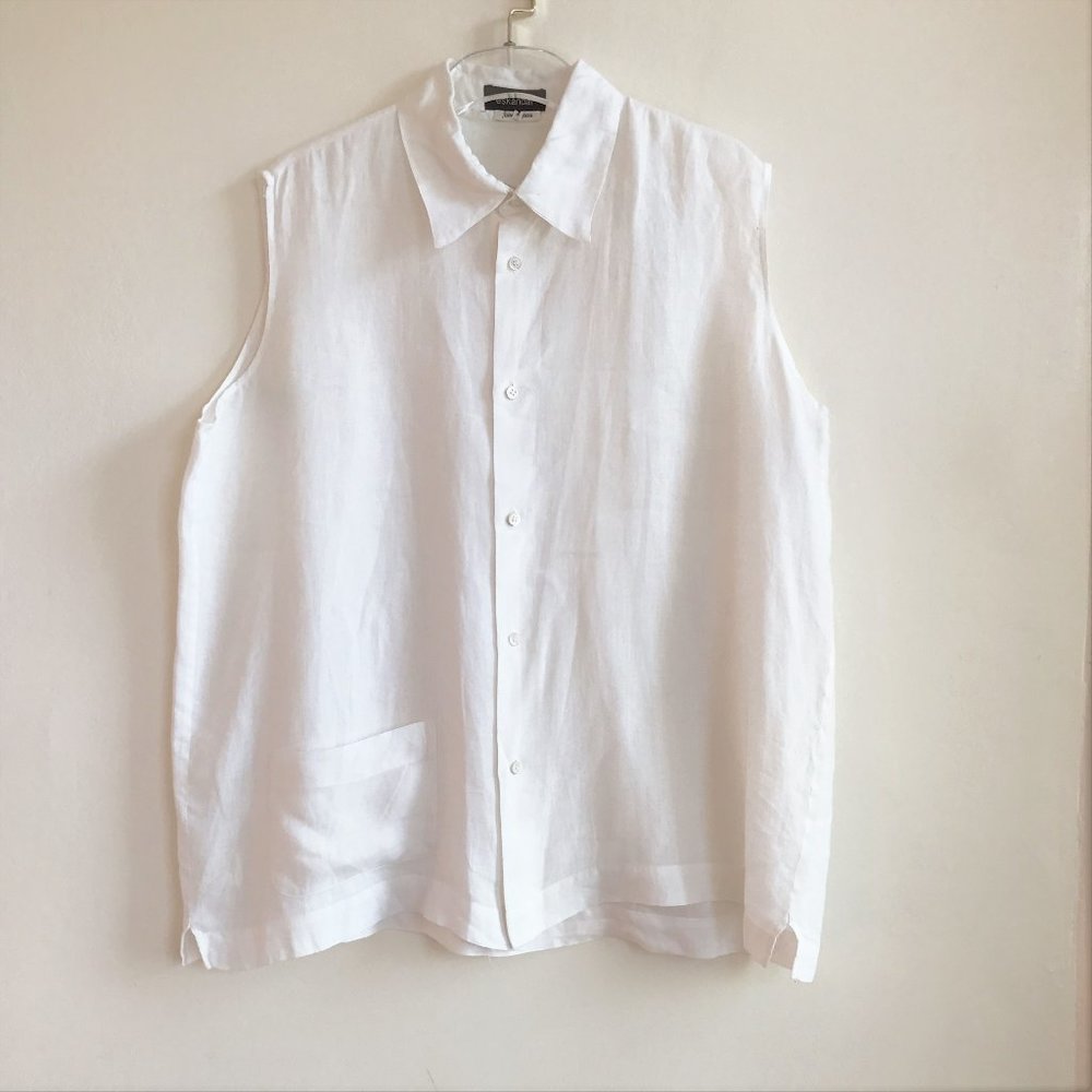 Eskandar LINEN Sleeveless Buttondown Shirt Cream 2